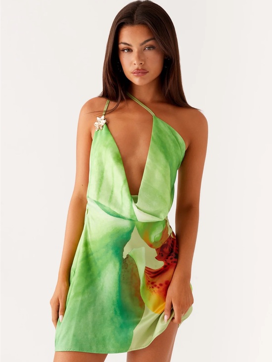 Peppermayo Dresses & Skirts - Peppermayo | Green Floral Print Asymmetrical Neckline Mini Dress
